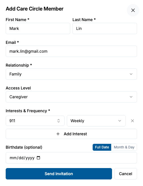 Click to enlarge Add Care Circle Member form: name, email, relationship, access level, interests, and invitation