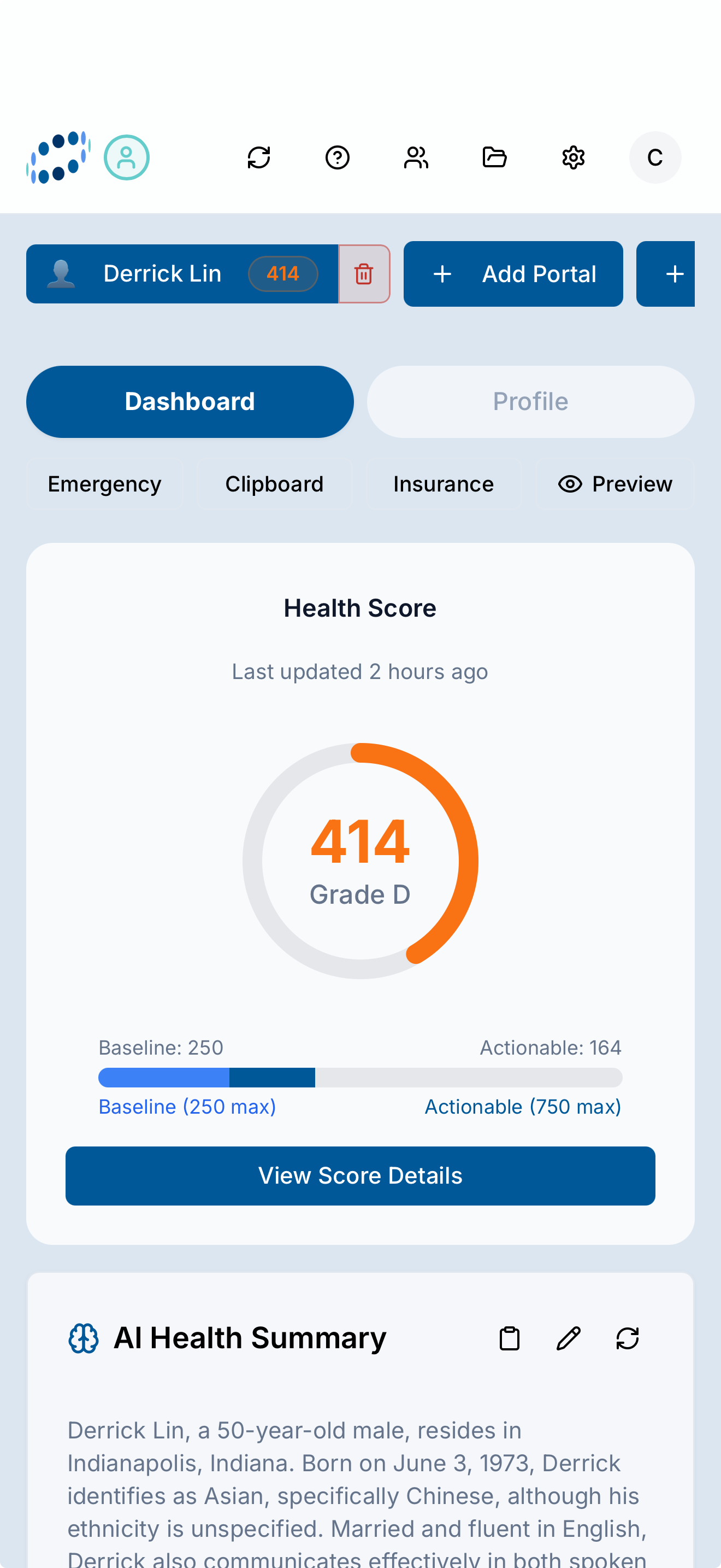 HealthScores.ai mobile app dashboard: score dial with baseline and actionable bands, and AI health summary