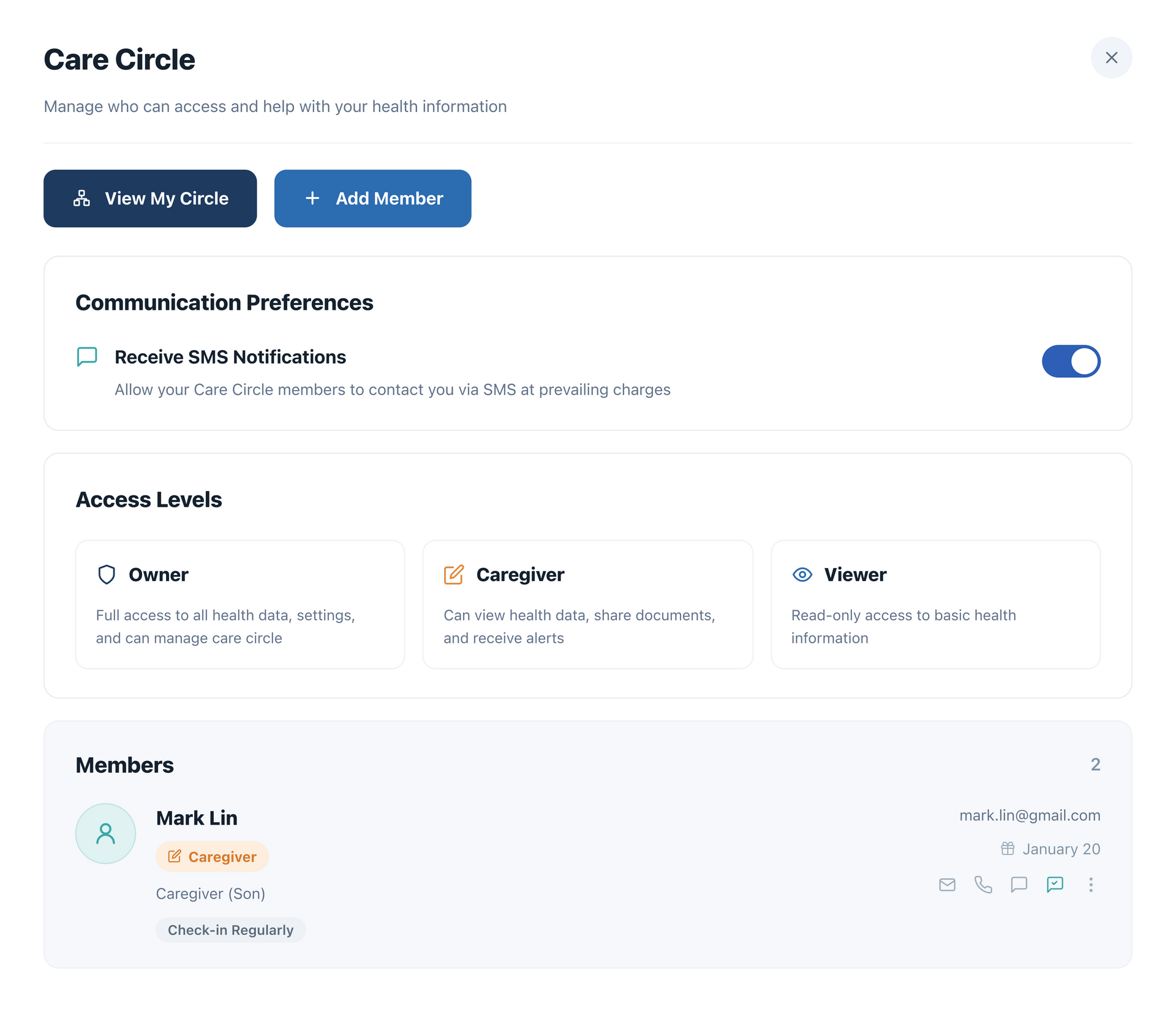 Click to enlarge Care Circle screen: communication preferences, access levels for Owner, Caregiver, and Viewer, and members list