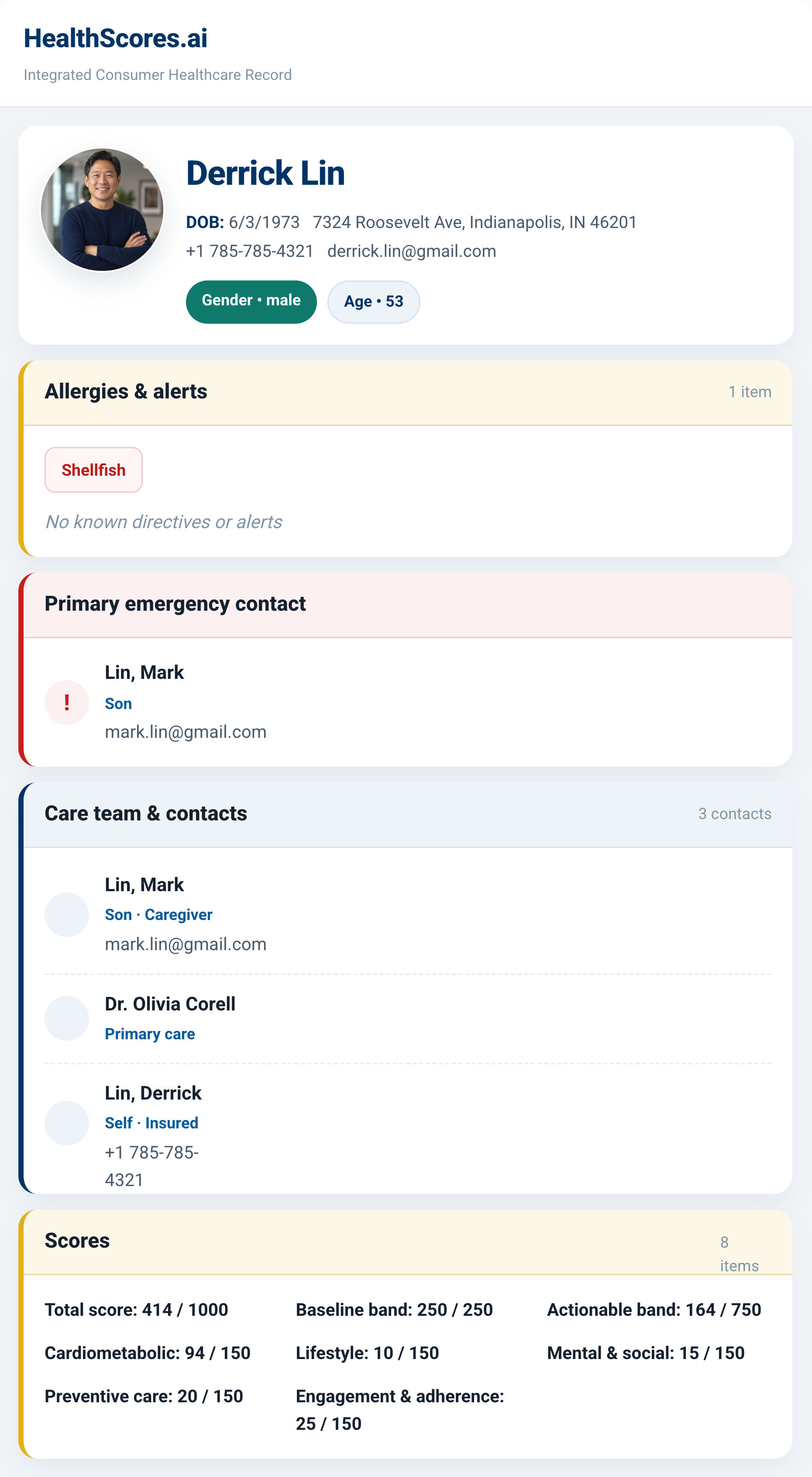 Derrick Lin's health record as it opens on a phone after scanning the sleeve: allergies and alerts, primary emergency contact, care team, and scores