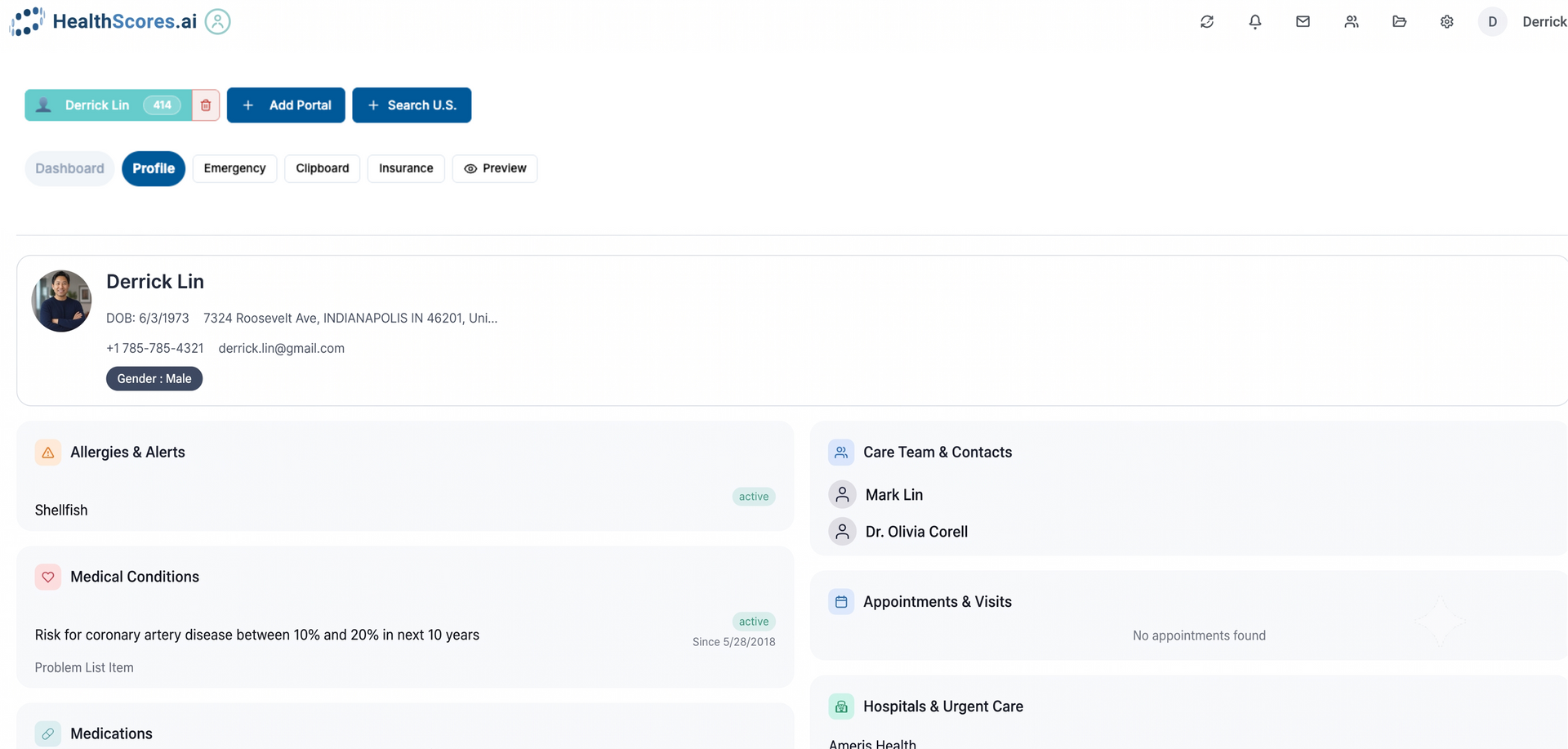 Click to enlarge Health Profile screen: allergies and alerts, medical conditions, medications, care team, and appointments in one record