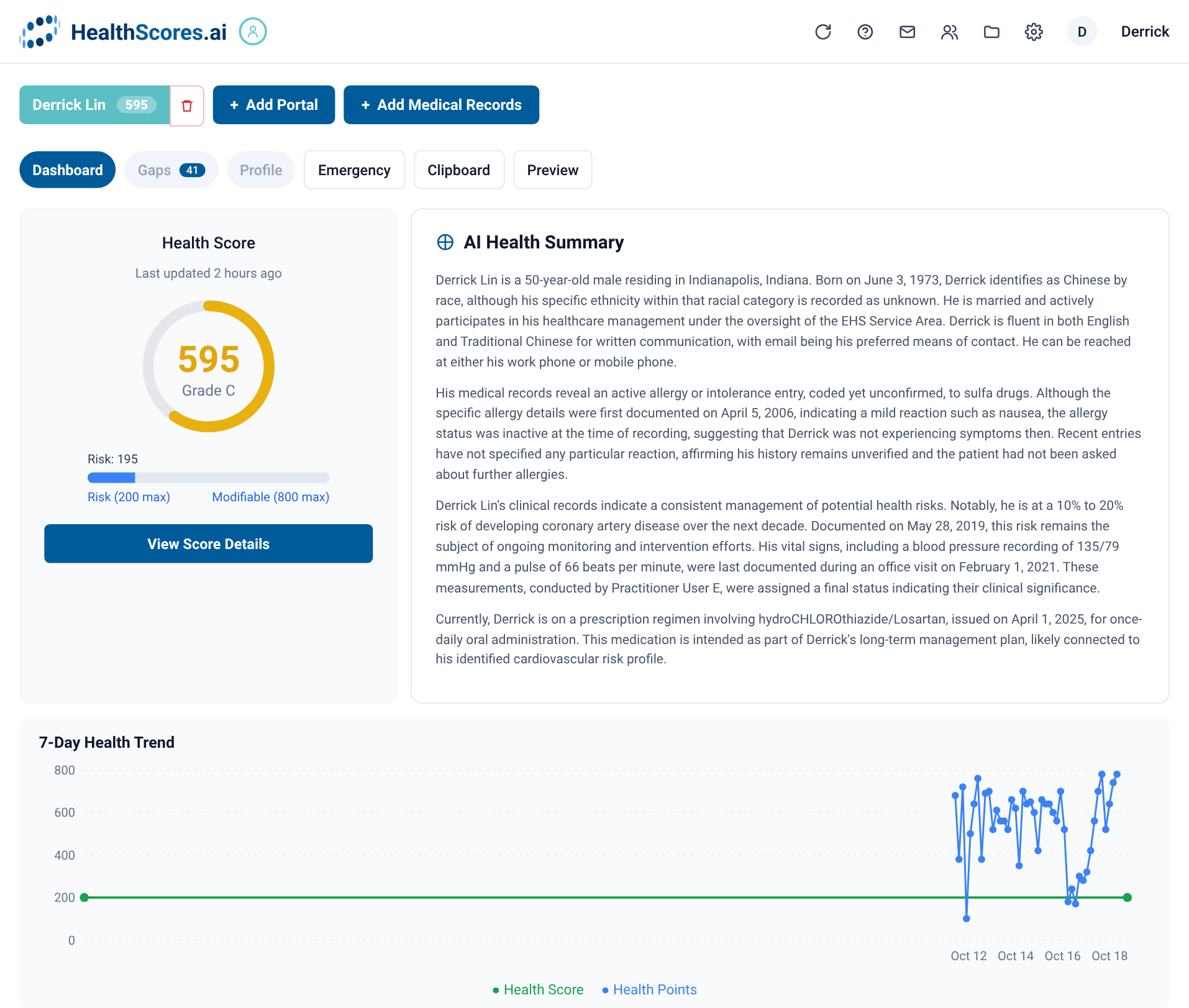 HealthScores.ai dashboard showing a health score of 595, risk and modifiable bars, the AI health summary, and a 7-day health trend