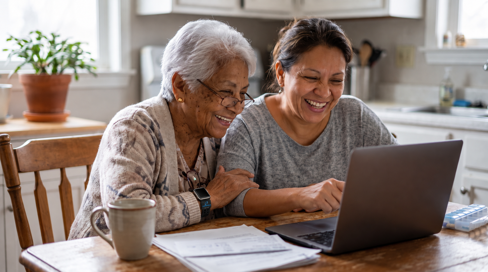 Older adult and their adult child reviewing health records together on a laptop at the kitchen table