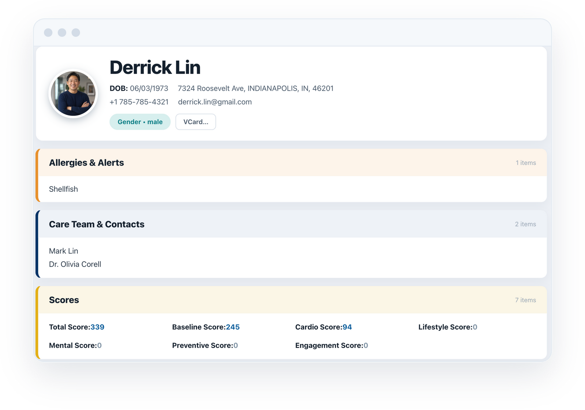 HealthScores.ai emergency view showing the member card, allergies and alerts, care team and contacts, and scores