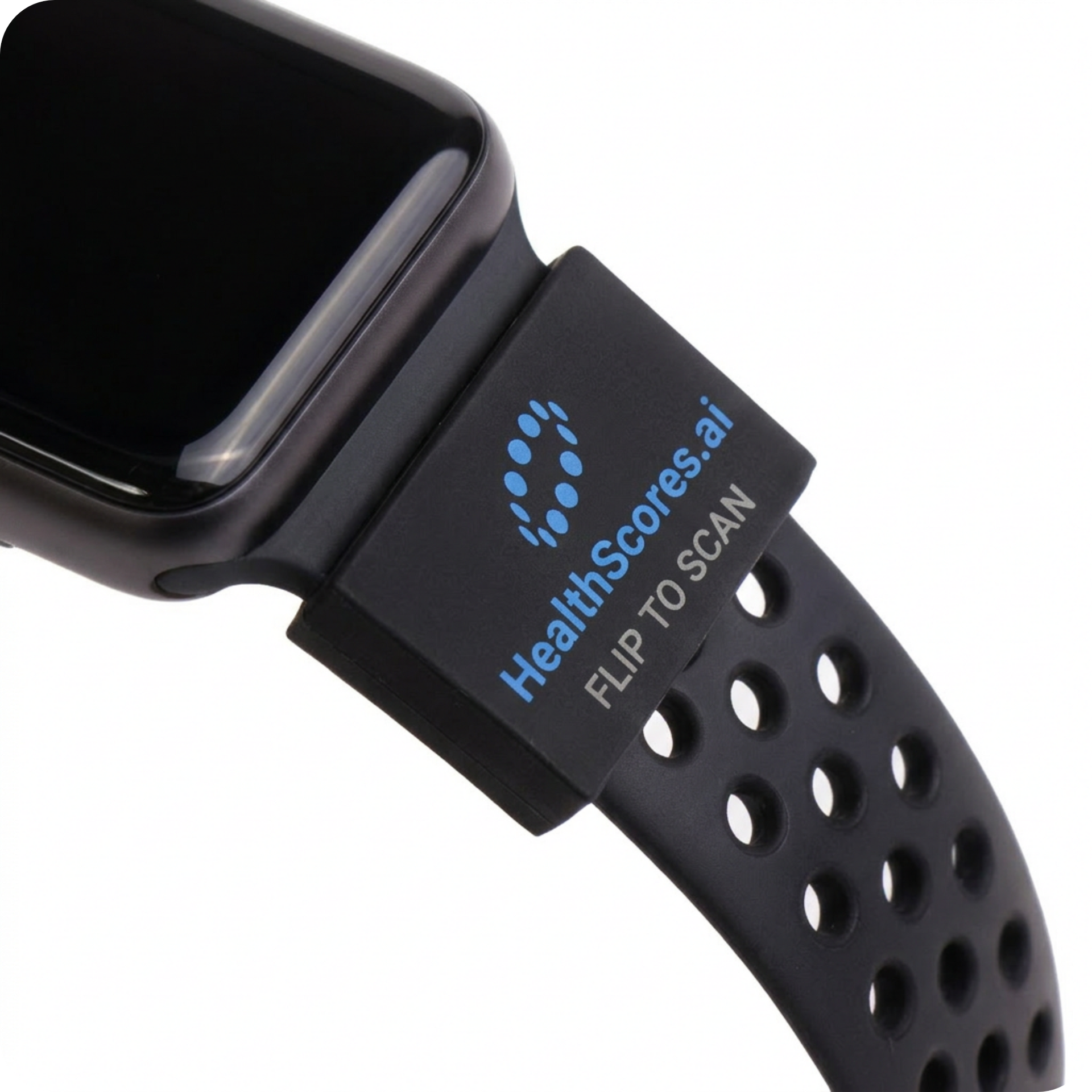 Click to enlarge The sleeve on a watch band: HealthScores.ai, flip to scan