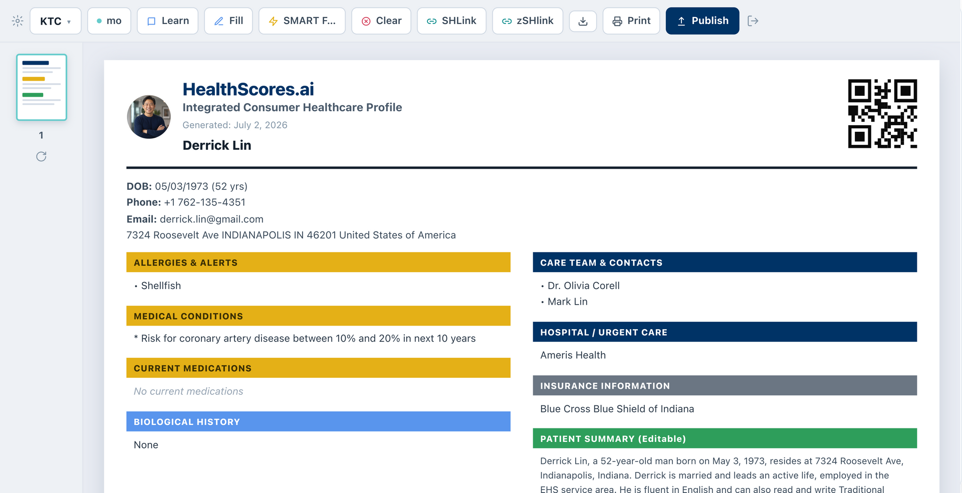 The dataDocument a Smart Health Link opens: allergies, conditions, medications, care team, and patient summary