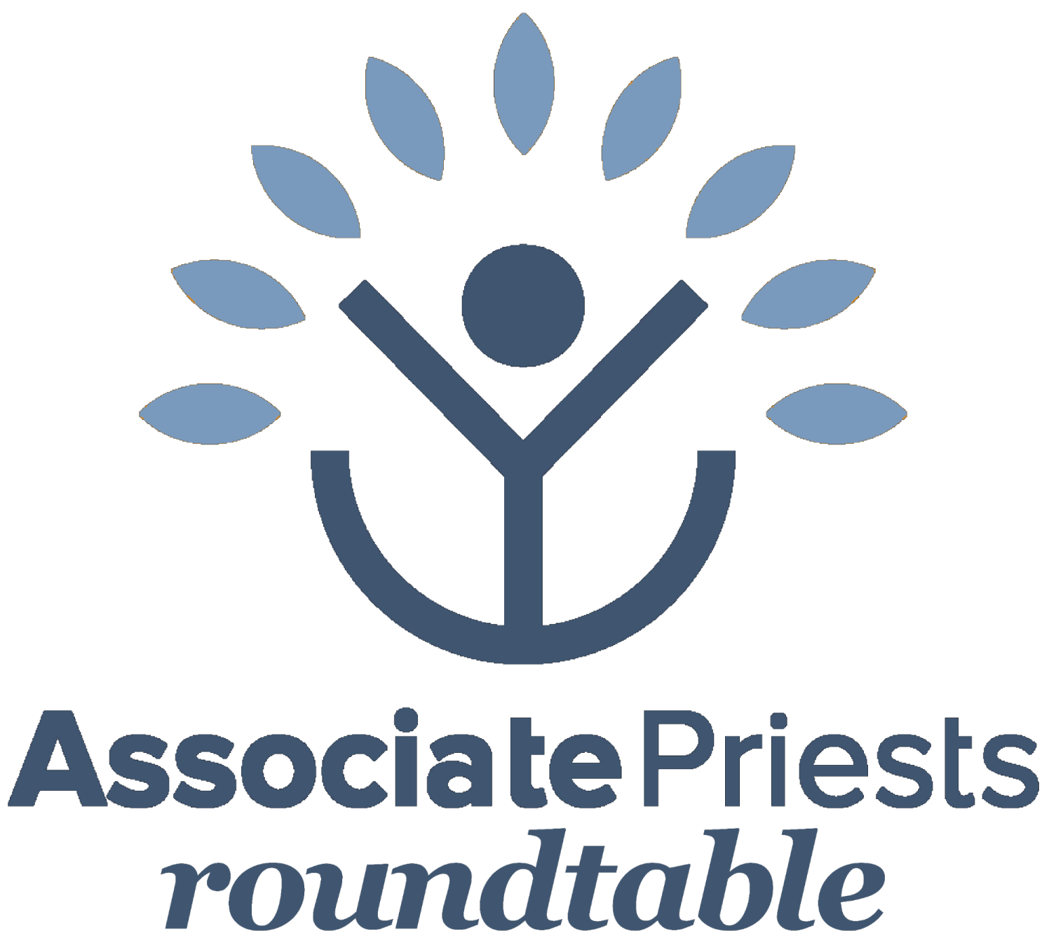 Logo of Associate Priests roundtable: human figure with outstretched arms surrounded by leaves. Blue and dark blue.