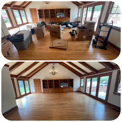 Before-and-after living room: cluttered with boxes and furniture, then clean, empty hardwood room with windows.