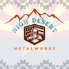High Desert Metalworks logo with mountains, welding helmet emblem, and blue-orange text on a pastel background