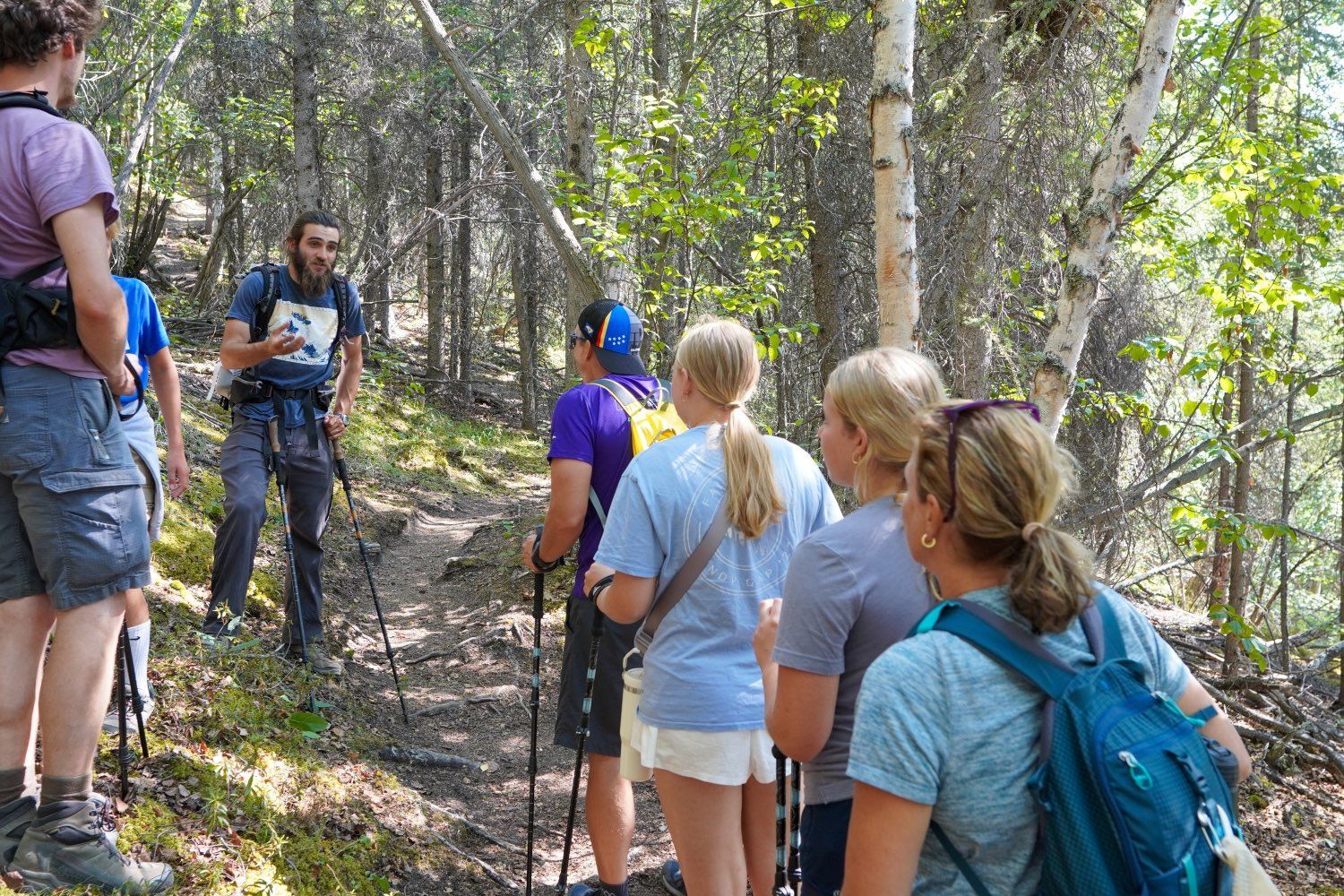 Group of hikers walking along a wooded trail in a forest, carrying backpacks and chatting.
