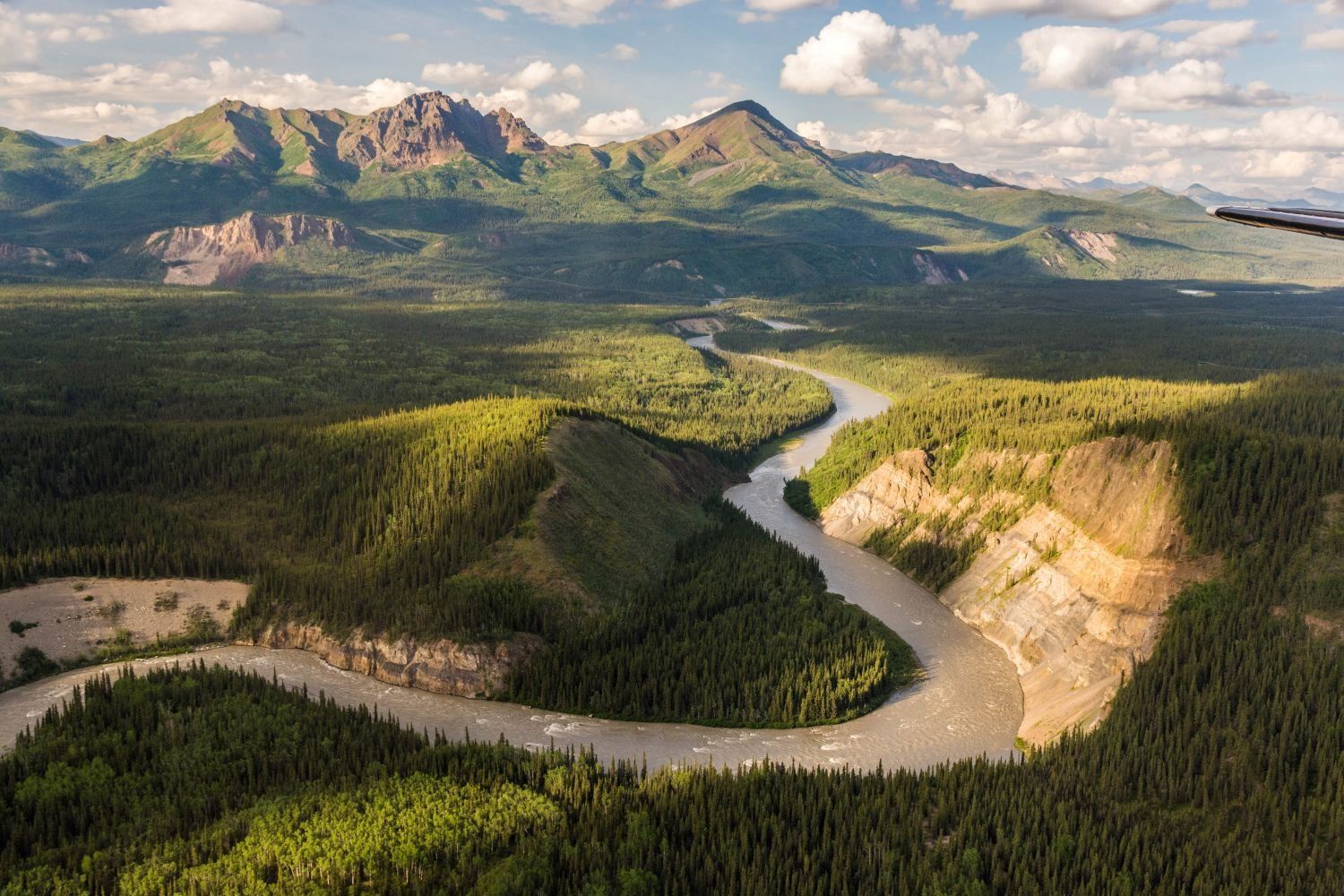 Winding river through dense forest beneath sunlit mountains and cloudy blue sky