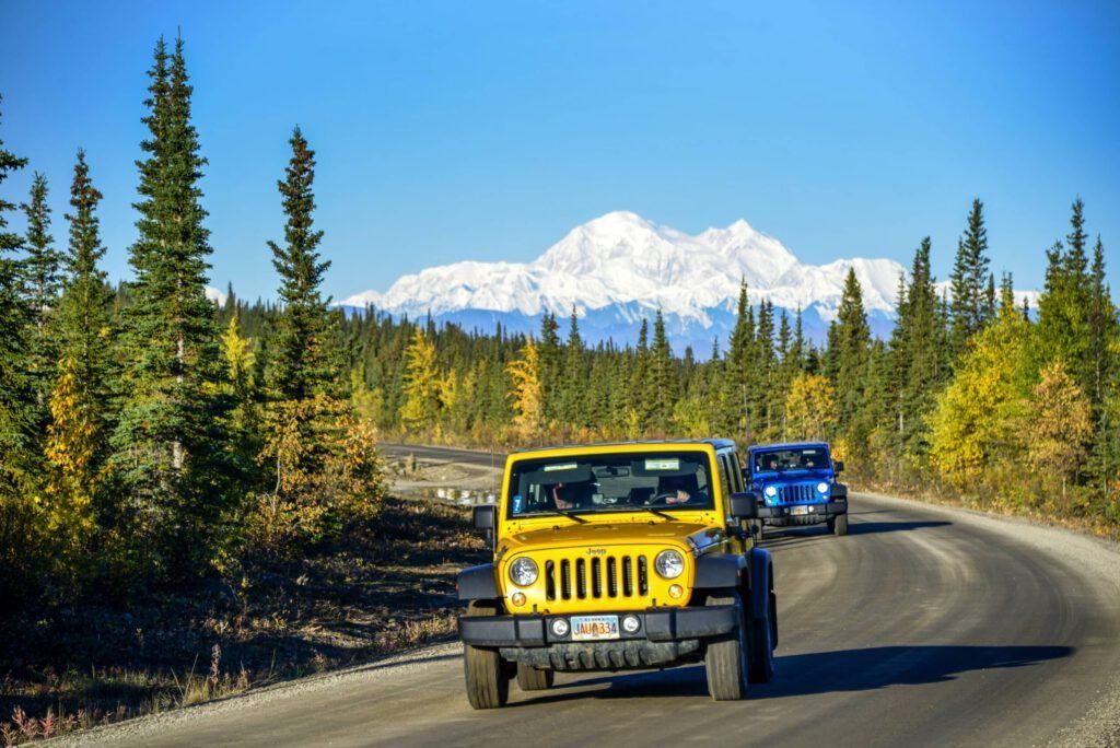 Yellow and blue jeeps driving on a winding road with snowy mountains and pine trees in the background