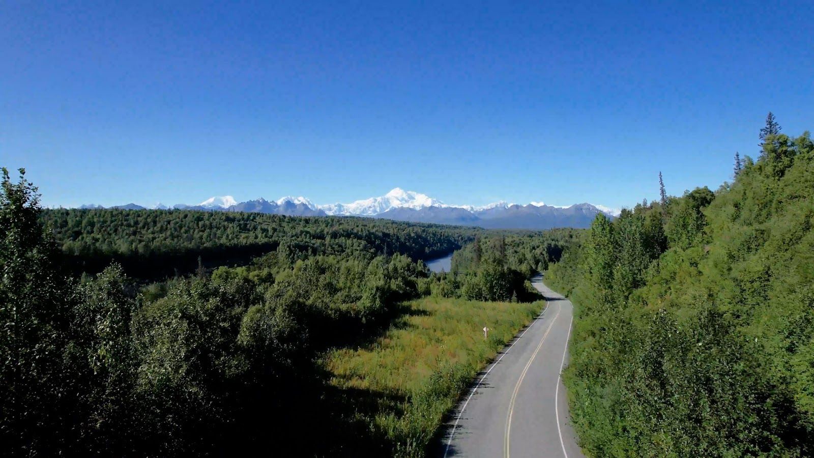 Winding road through green forest toward distant snow-capped mountains under a clear blue sky