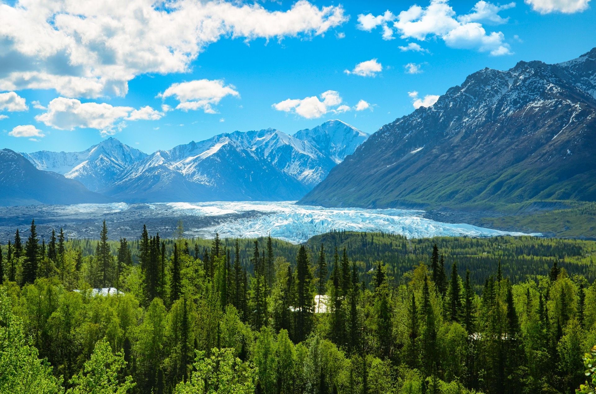Snowy mountains above a green forest and valley under a bright blue sky with clouds