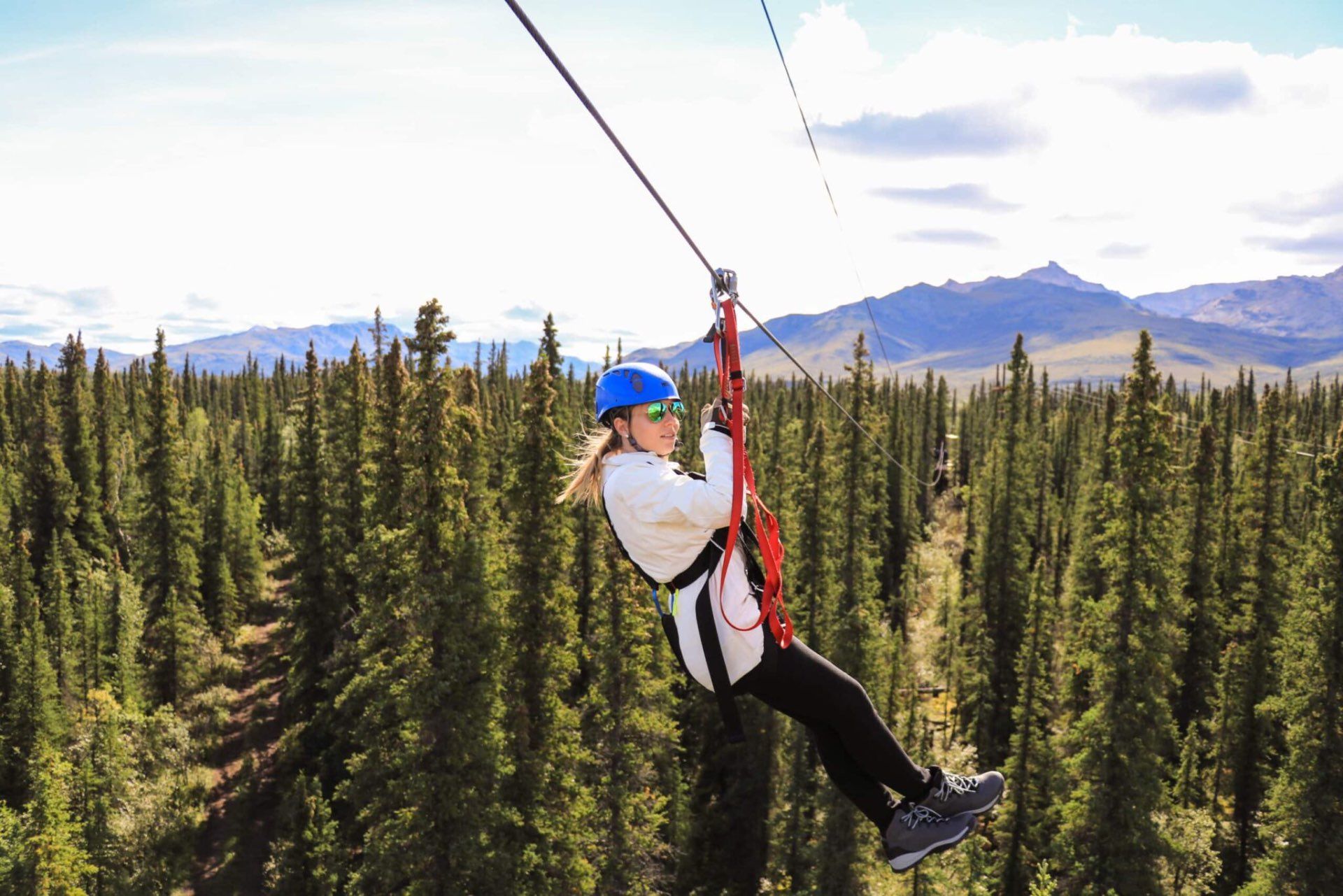 Person zip-lining over a forest with mountains in the background