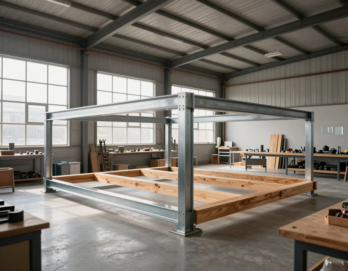 Gran taller industrial con una estructura de madera parcialmente construida sobre una plataforma de acero.