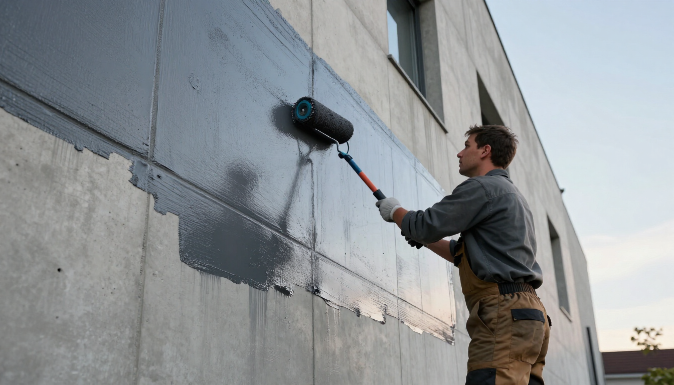 Un trabajador pinta una pared gris con un rodillo en el exterior de un edificio.