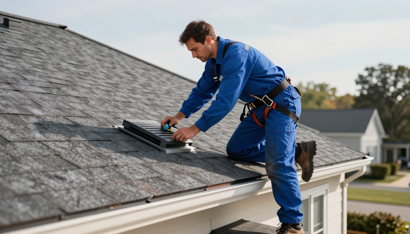 Un trabajador con uniforme azul repara un tejado de tejas con una herramienta eléctrica.