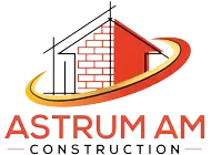 Astrum AM Construction logo with house roof, brick wall, and red-yellow swoosh