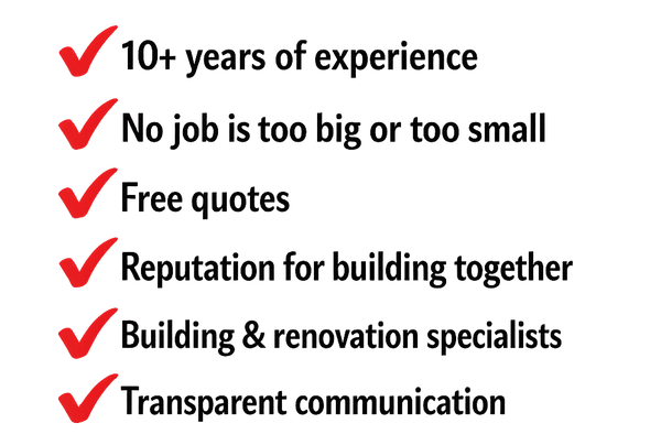 Red checkmark list: 10+ years experience, free quotes, building and renovation specialists, transparent communication