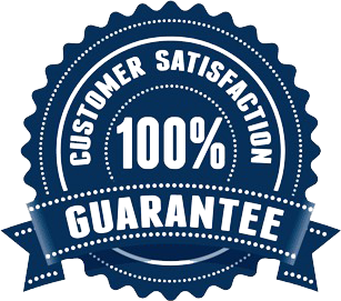 Blue “100% Customer Satisfaction Guarantee” badge with ribbon and dotted border