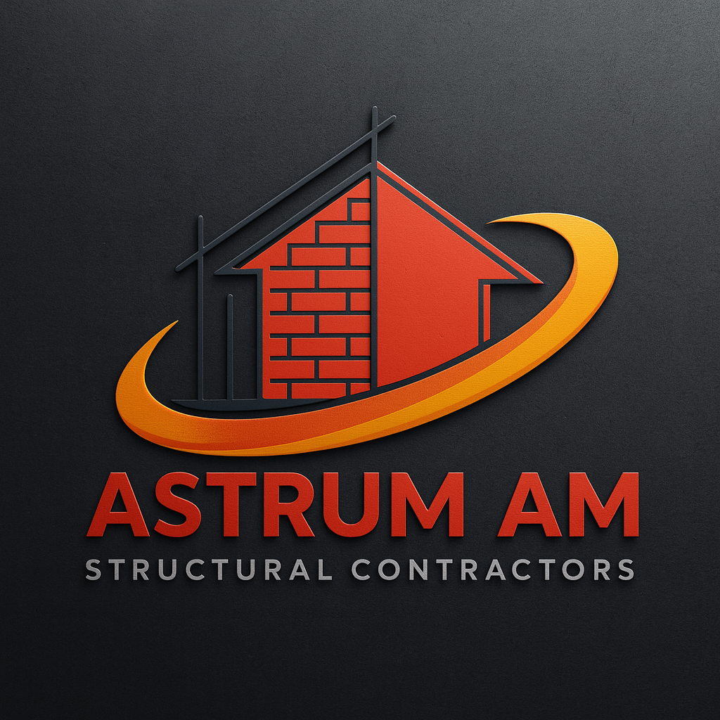 Logo for Astrum AM Structural Contractors with a red house and orange swoosh on a dark background