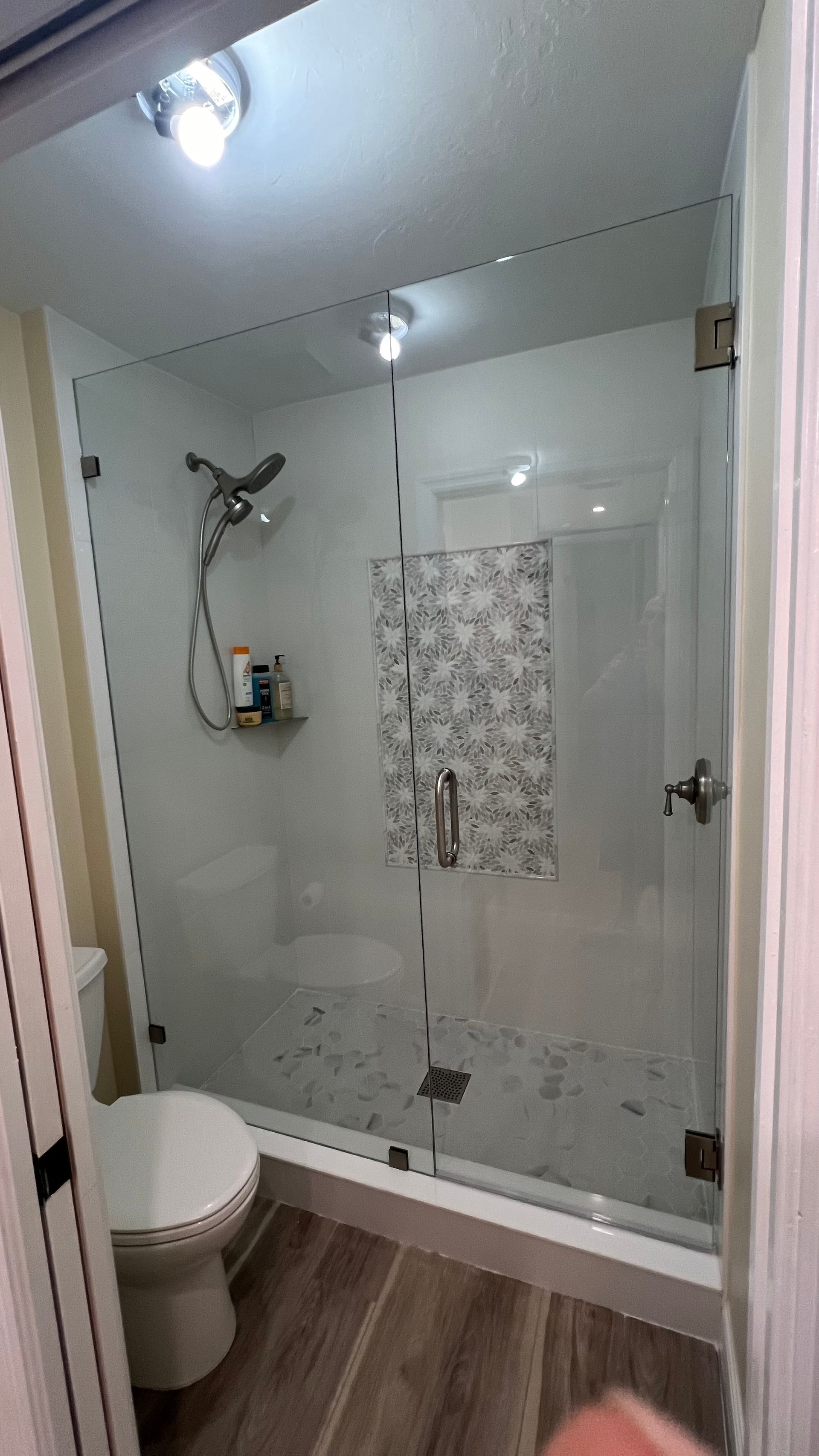 Modern bathroom with glass shower enclosure, toilet, and wood-look floor.