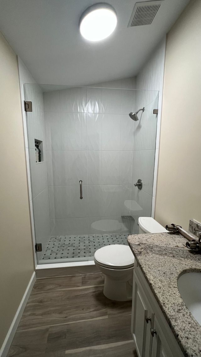 Modern bathroom with glass shower, toilet, and granite vanity, lit by a ceiling light.