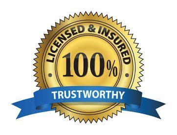 Gold seal badge reading “Licensed & Insured 100% Trustworthy” with a blue ribbon.