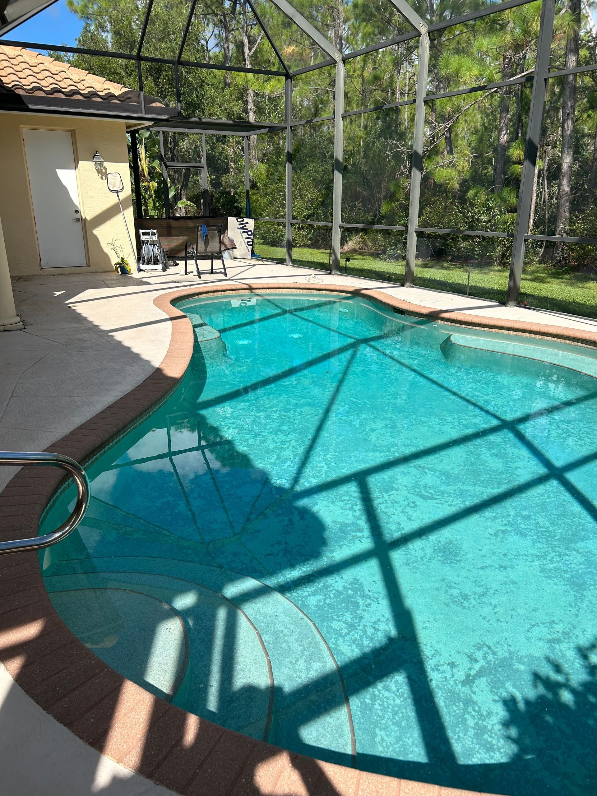 Backyard pool with turquoise water, screened enclosure, and patio in sunlight