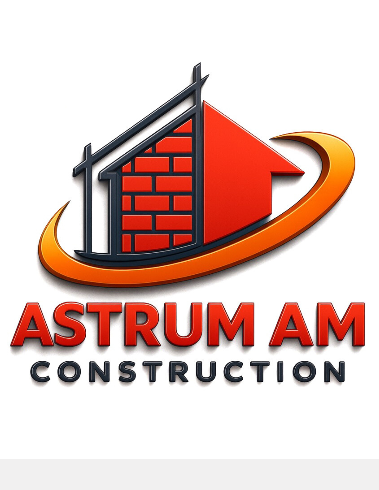 Astrum AM Construction logo with red brick house and orange swoosh