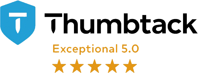 Thumbtack logo with blue shield icon, black wordmark, and orange “Exceptional 5.0” star rating