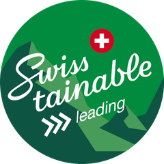 Ein grüner Kreis mit der Aufschrift „swiss tainable leading“
