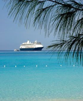 Cruise ship near tropical shoreline