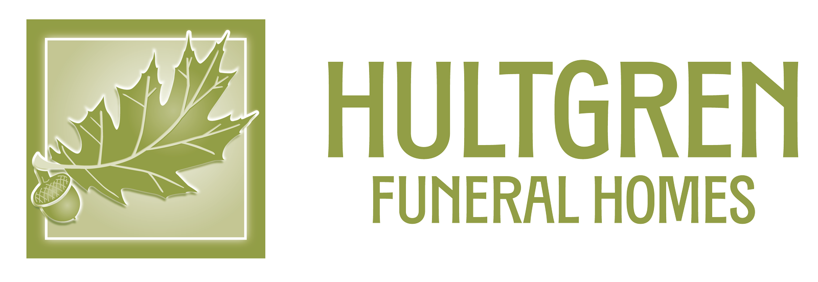 Logo for Hultgren Funeral Homes: green oak leaf inside a square, company name and "Funeral Homes".