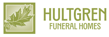 Logo for Hultgren Funeral Homes: green oak leaf inside a square, company name and "Funeral Homes".