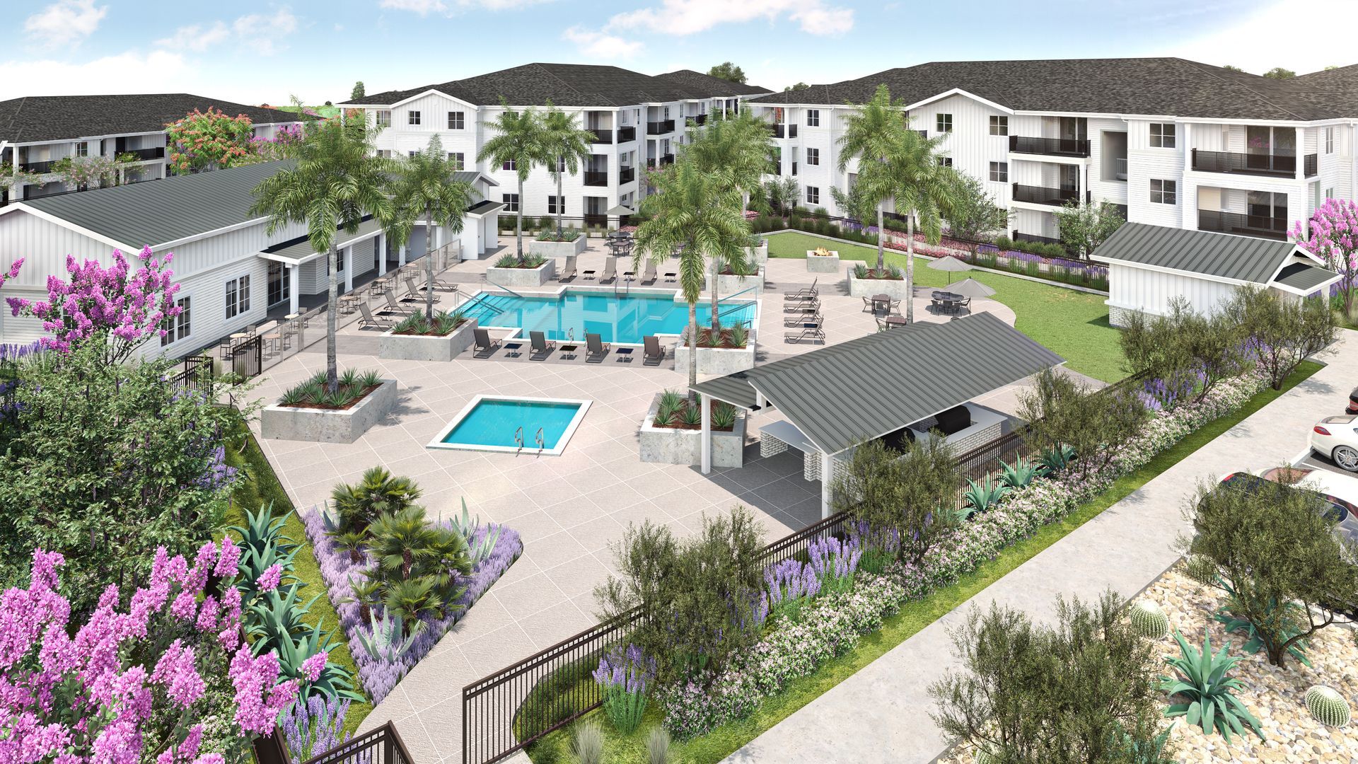 Aerial rendering of the pool, spa, and amenity area at Park Center at Seven Oaks, Bakersfield, CA