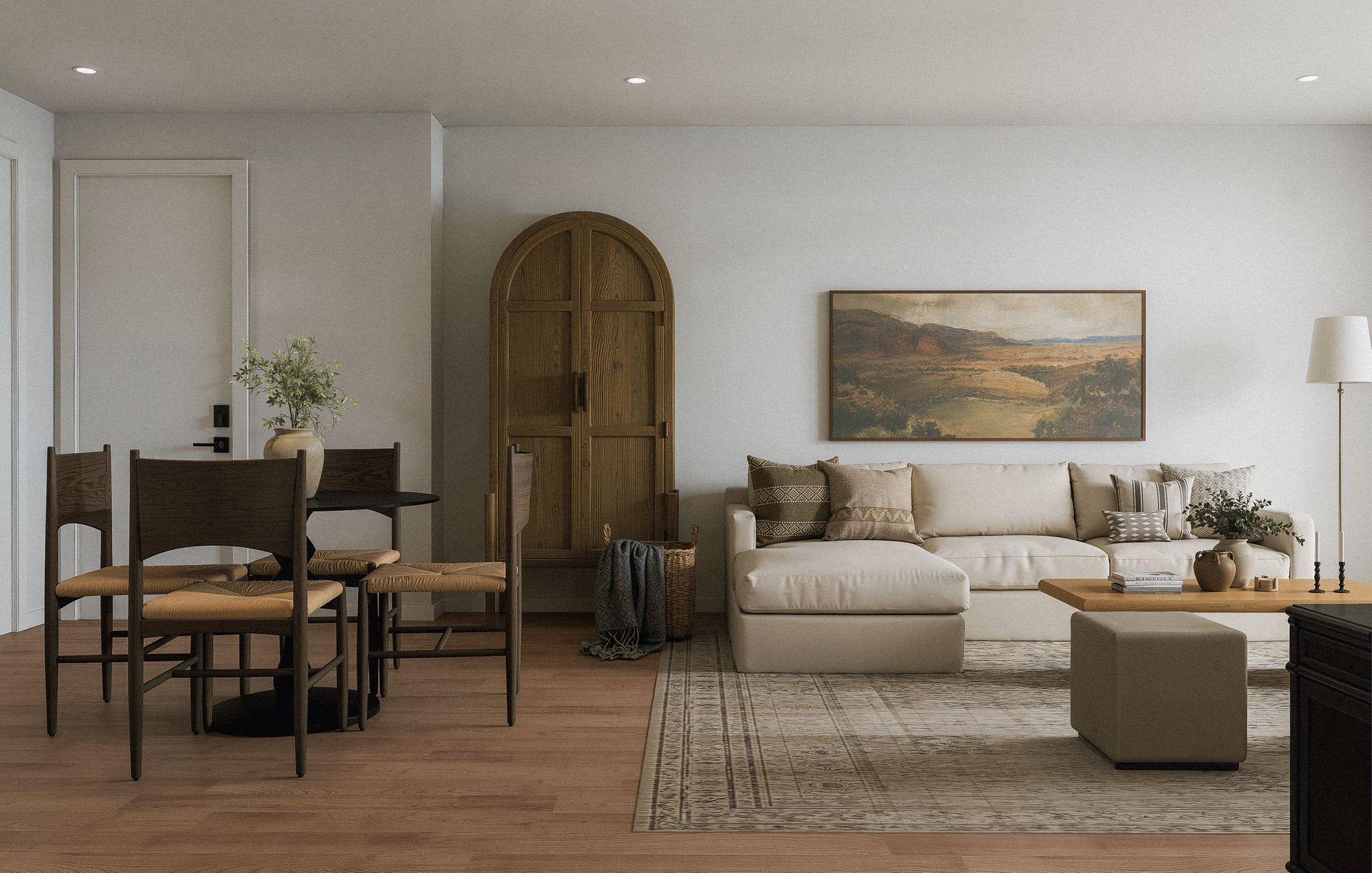 Modern dining and living room render for Park Center at Seven Oaks A1 apartment