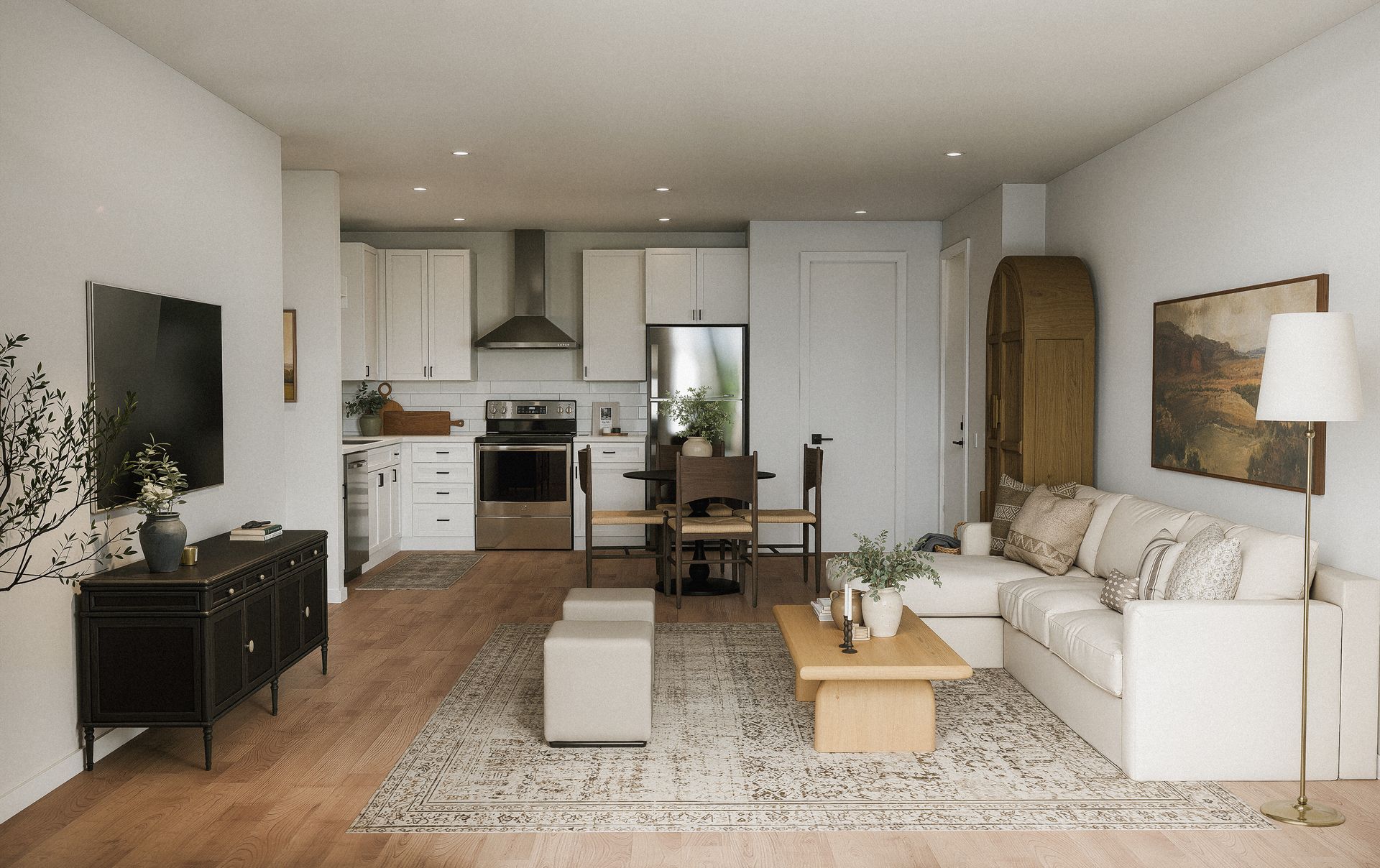 Contemporary dining and kitchen render for Park Center at Seven Oaks A1 apartment