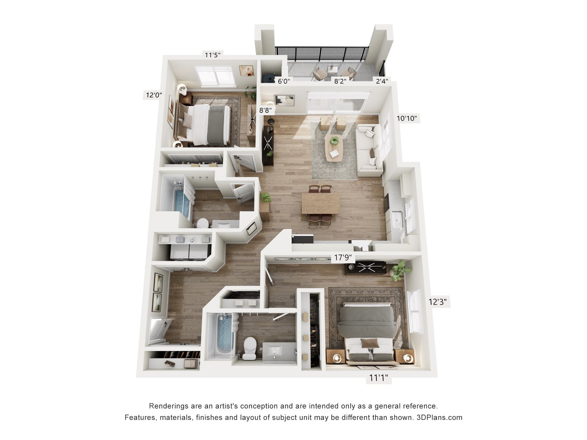 Spacious open-concept living, dining, and kitchen area in Park Center at Seven Oaks A1 apartment