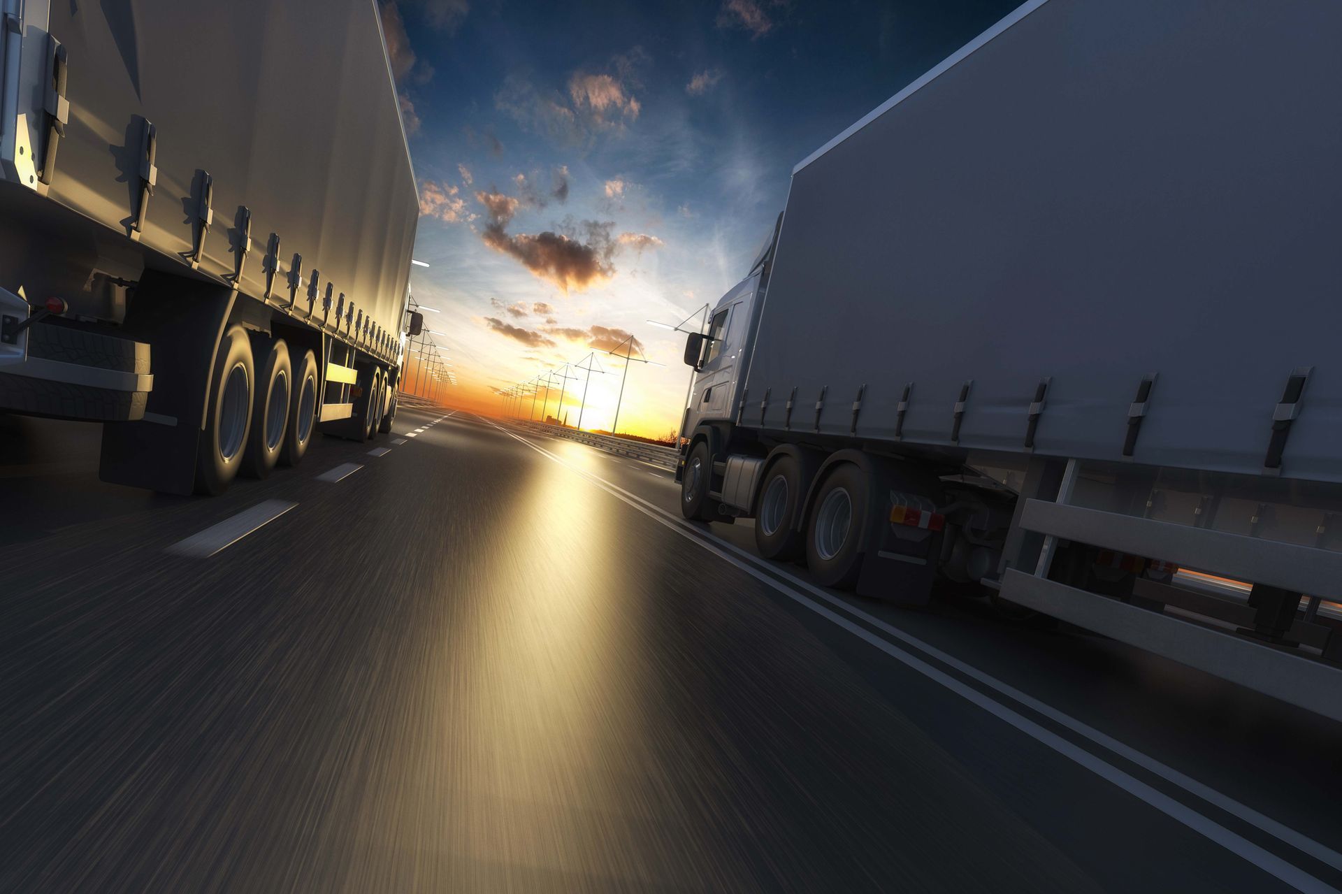 two semi trucks are driving down a highway at sunset
