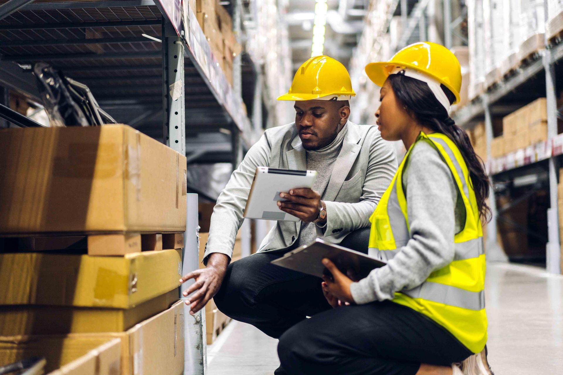 a man and a woman are looking at a tablet in a warehouse