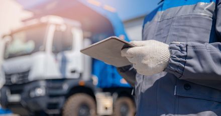a man is holding a tablet in front of a truck