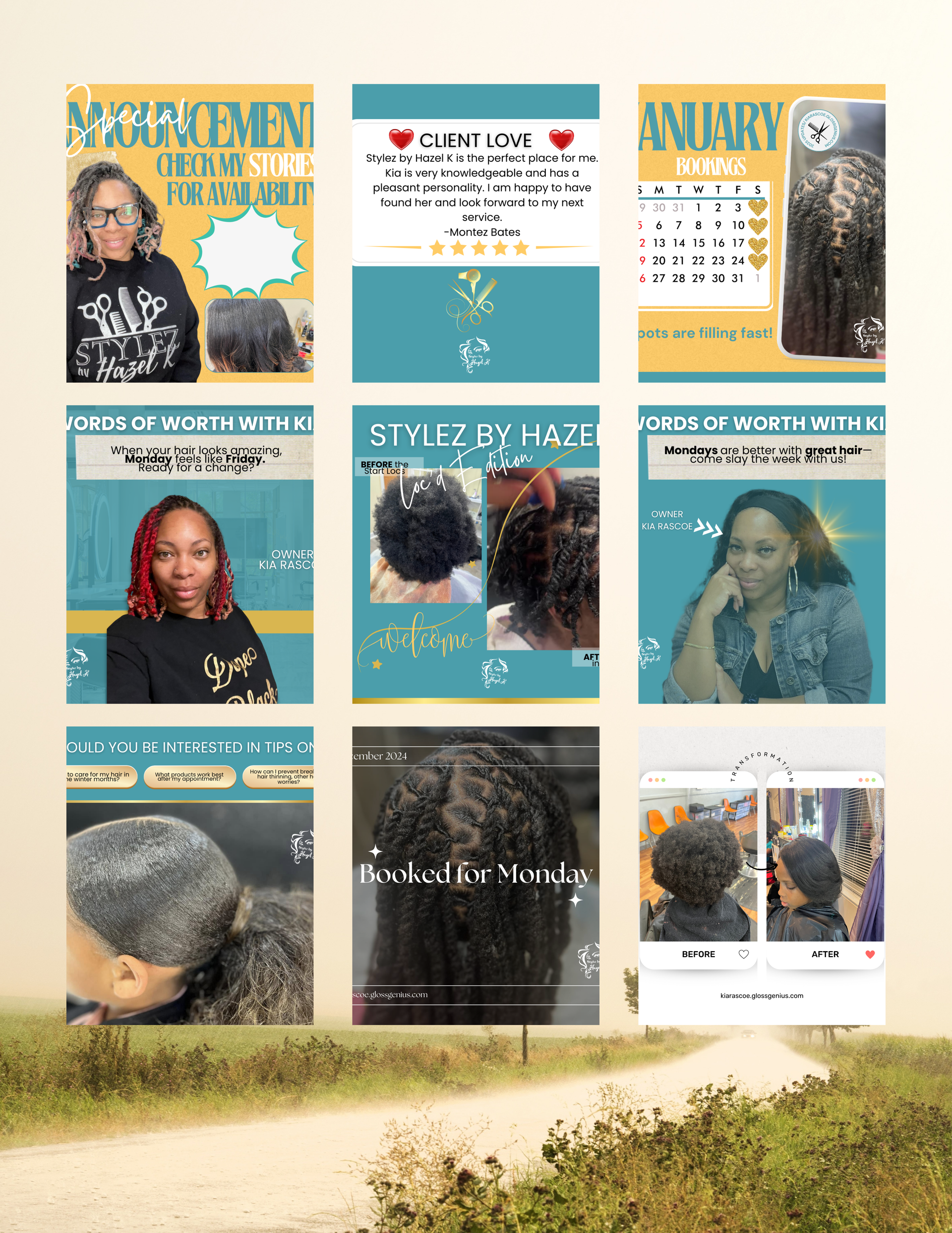 A collage of images of a woman 's hair on a wall.