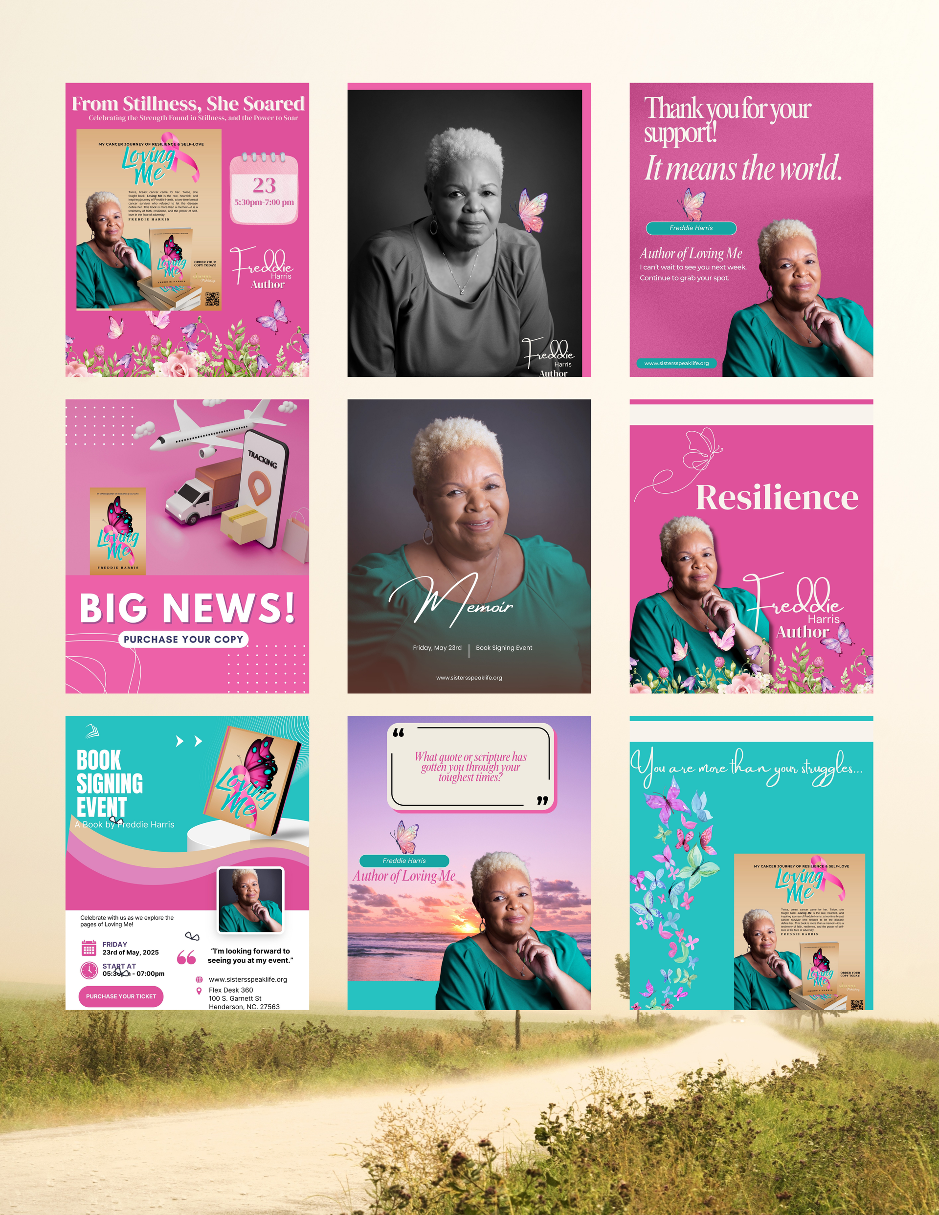 A collage of images of an elderly woman on a wall.