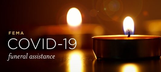 FEMA COVID-19 funeral assistance graphic with lit candles on a dark background