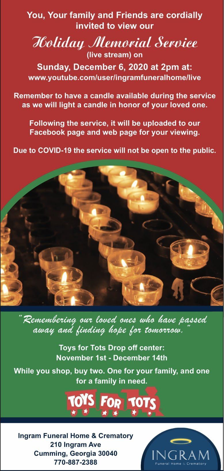 Memorial service flyer with candles, green border, event details, and Ingram Funeral Home logo