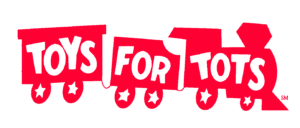 Toys for Tots red logo with toy train wheels and bold white text