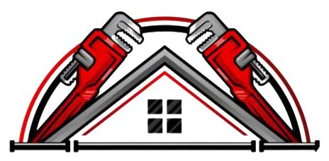 Logo with red pipe wrenches, house shape, and window squares.