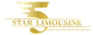 Gold logo of "5 Star Limousine" with the number 5 stylized and the tagline "Party Bus and Luxury Limo Service".